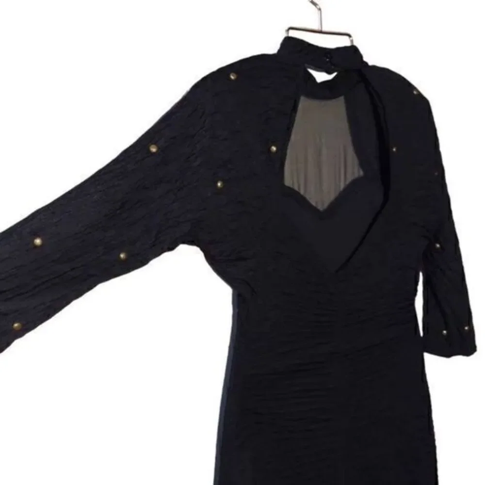 Absolutely! 80s Black Bodycon Mini Dress with Brass Stud Detailing and Choker Ne